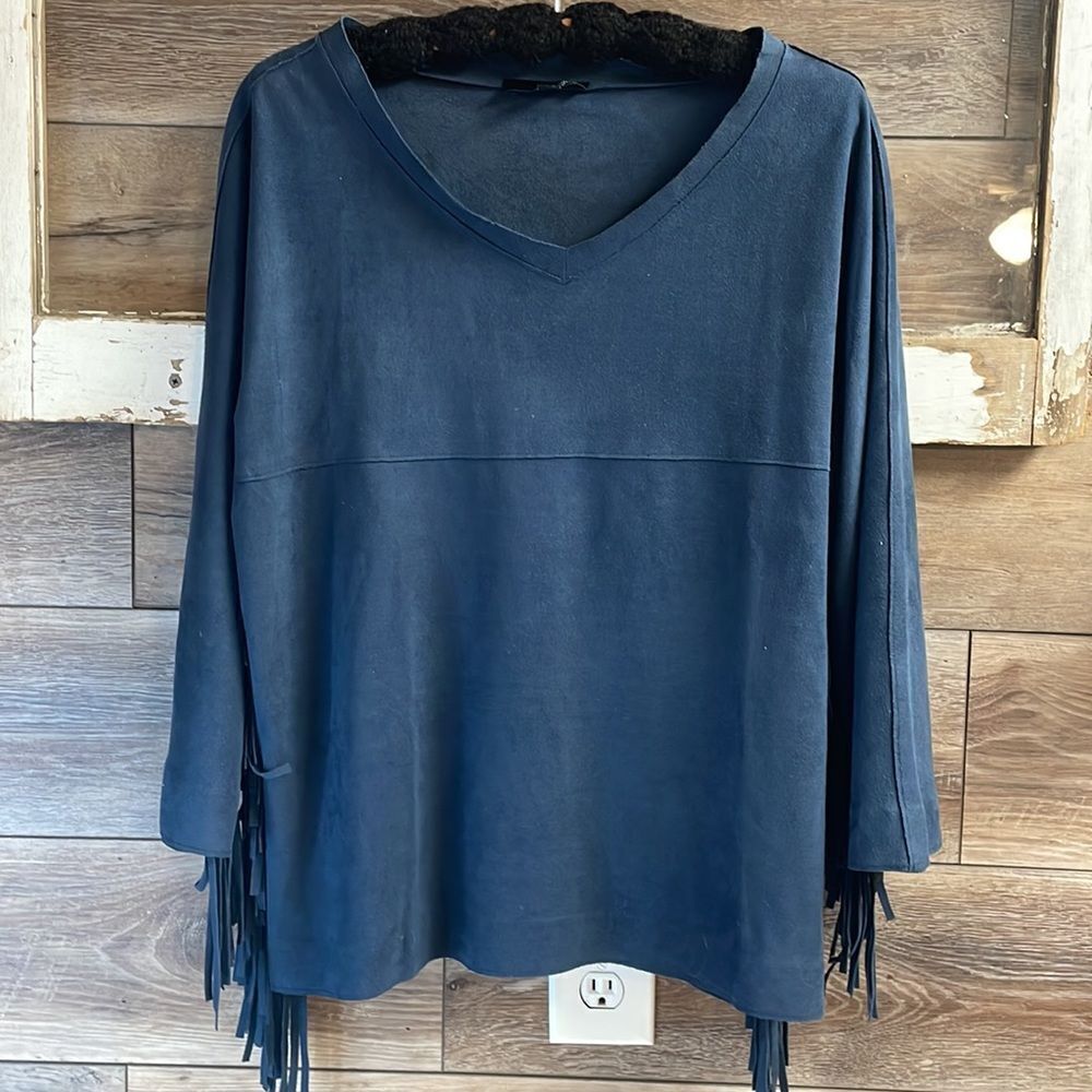 JOH Women’s Size Large Suede-Like Fringed V-Neck Top Western Style Country Girl